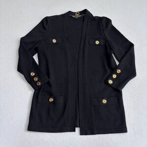 St. John Santana Knit Cardigan Sweater Women's S Black Open Front Gold Buttons